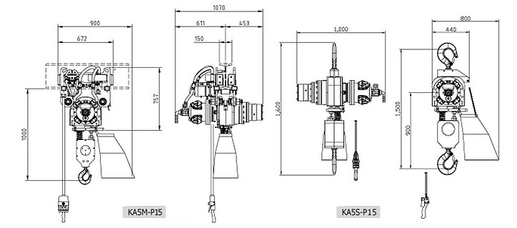 KA5-P15型氣動葫蘆尺寸參數圖